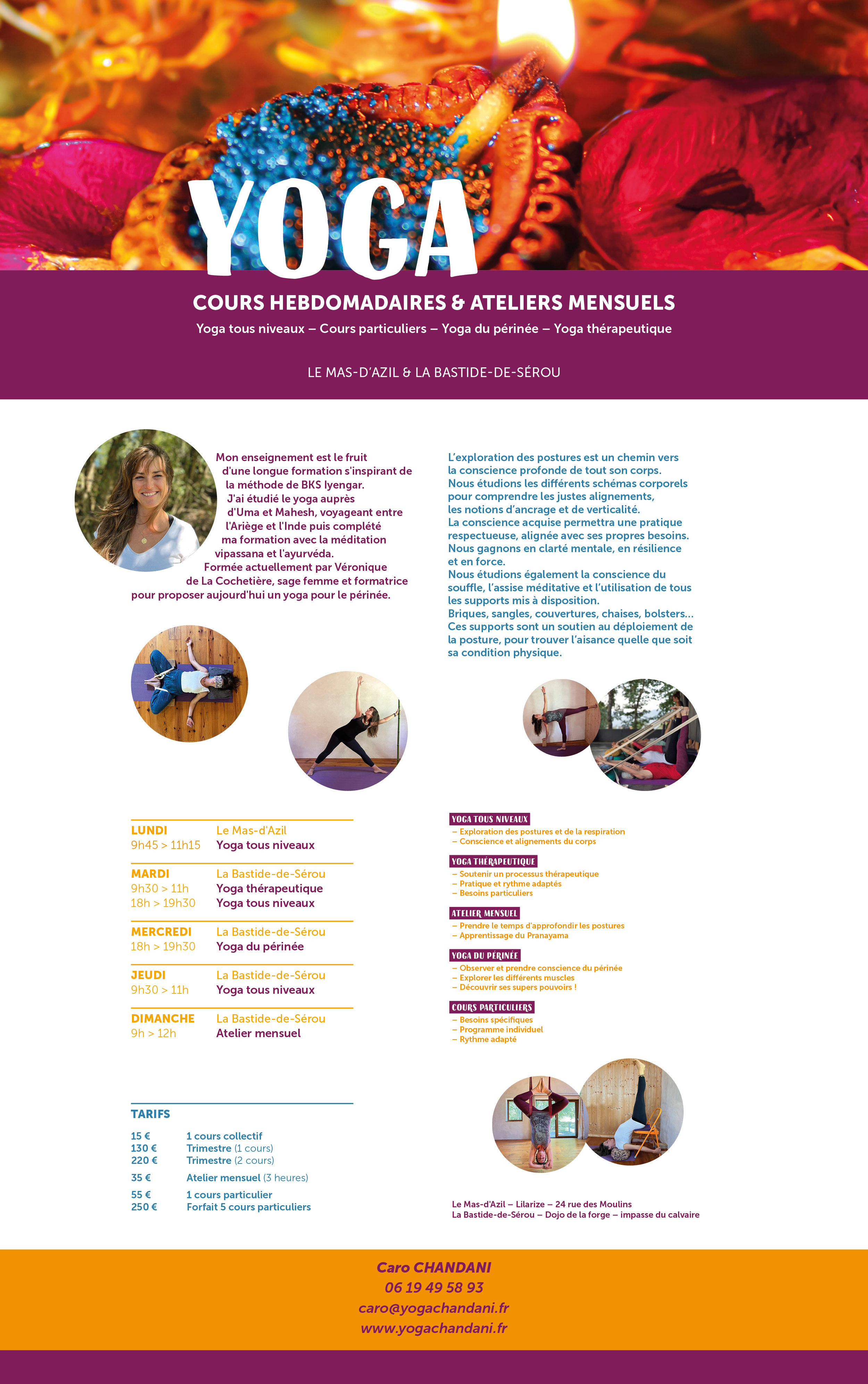 yoga cours hebdomadaires et ateliers mensuels ariege mas d'azil et la bastide de Sérou